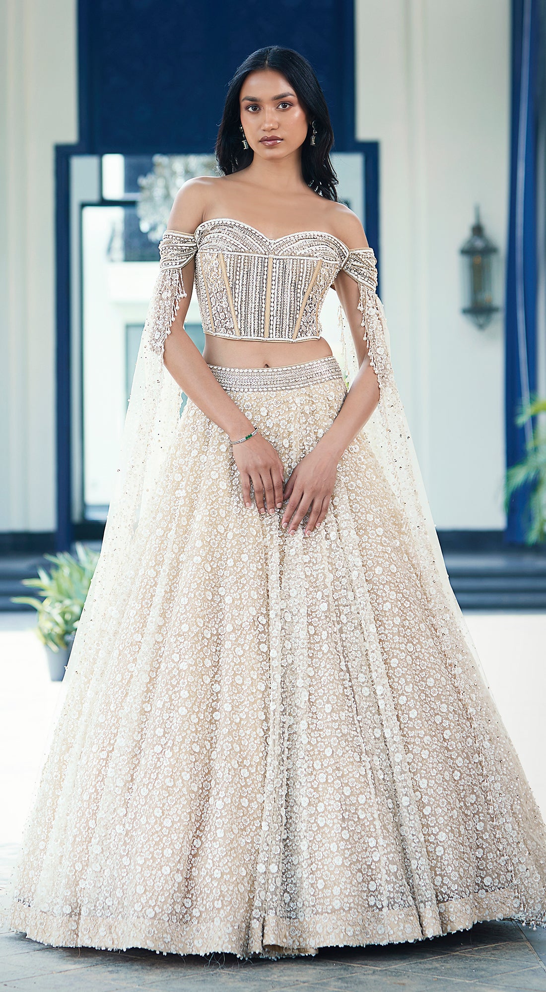 Beige Sequins Net Embroidered Lehenga Set