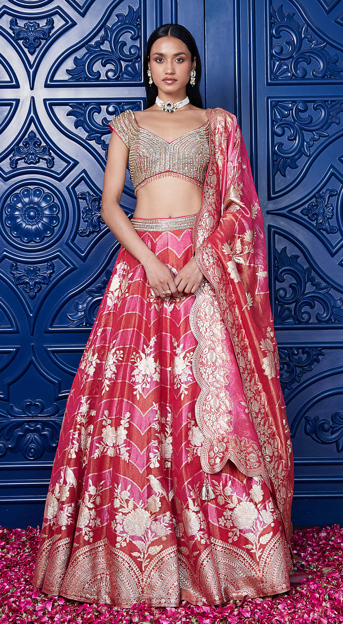 Pink Banarasi Weave Embroidered Lehenga Set