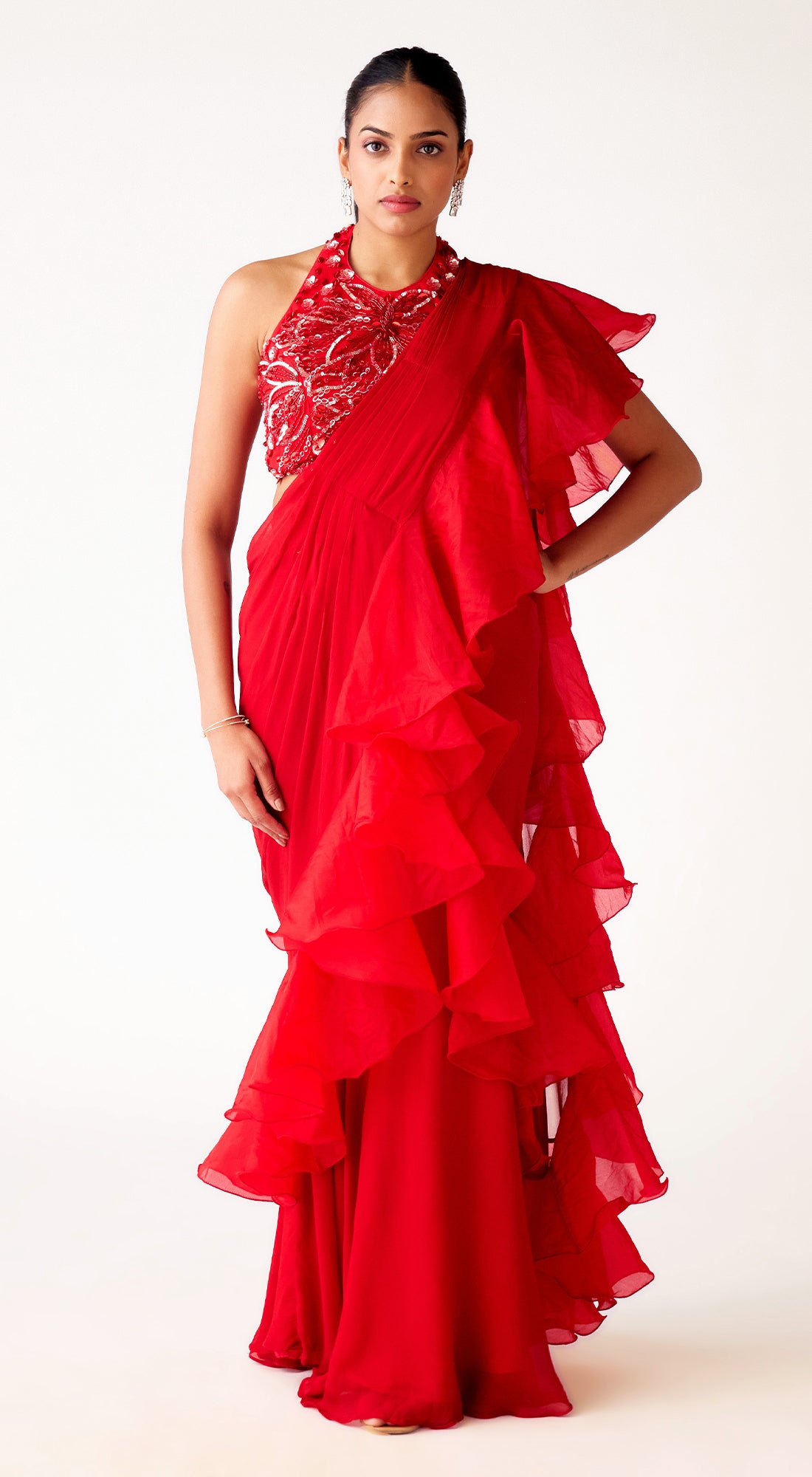 Red Chinon Embroidered Ruffle Saree