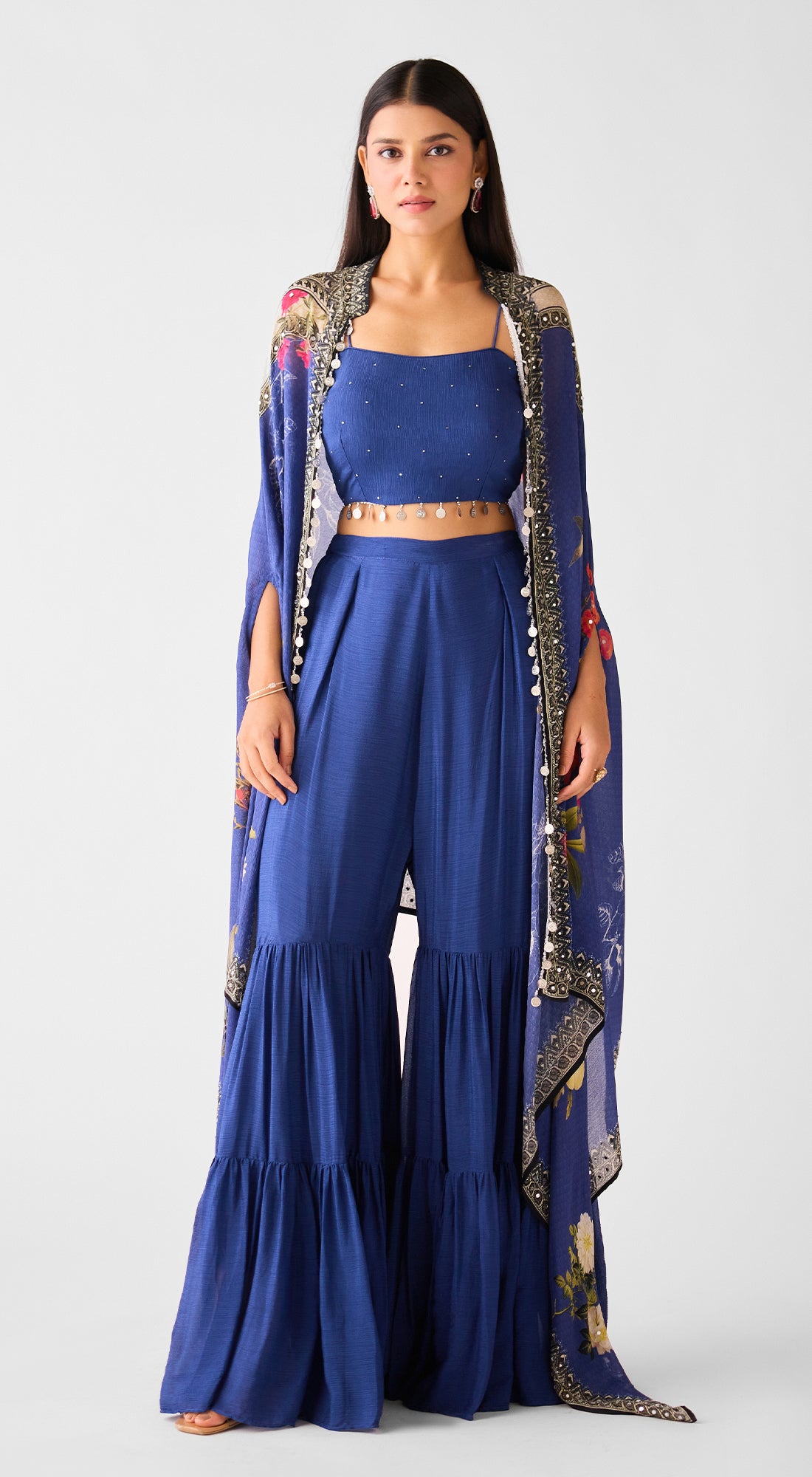 Blue Chinon Cape & Sharara Set