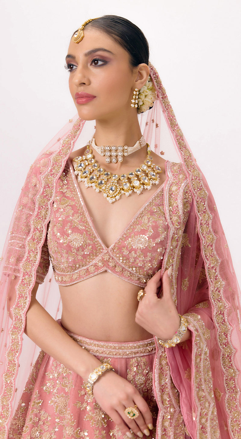 Onion - Pink Velvet Embroidered Lehenga Set with Veil