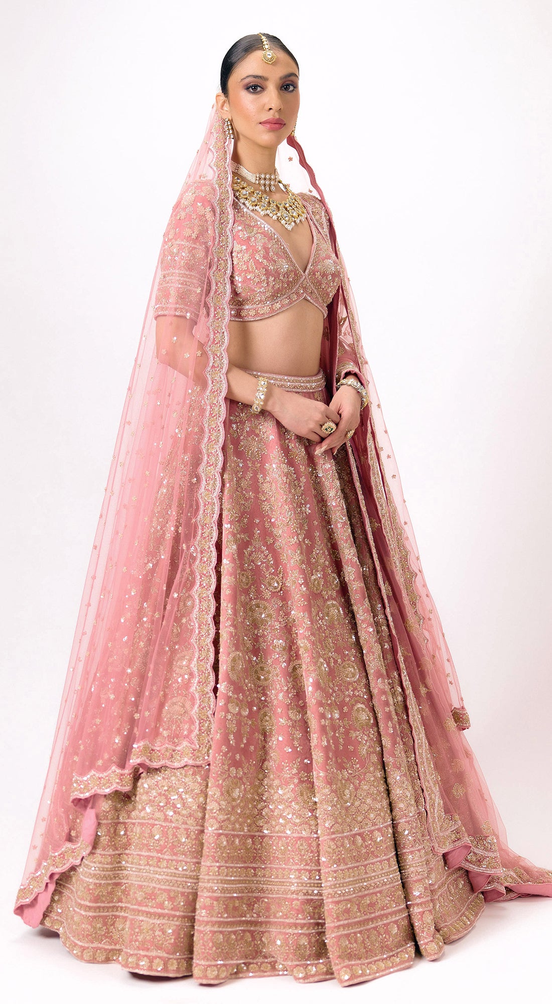 Onion - Pink Velvet Embroidered Lehenga Set with Veil