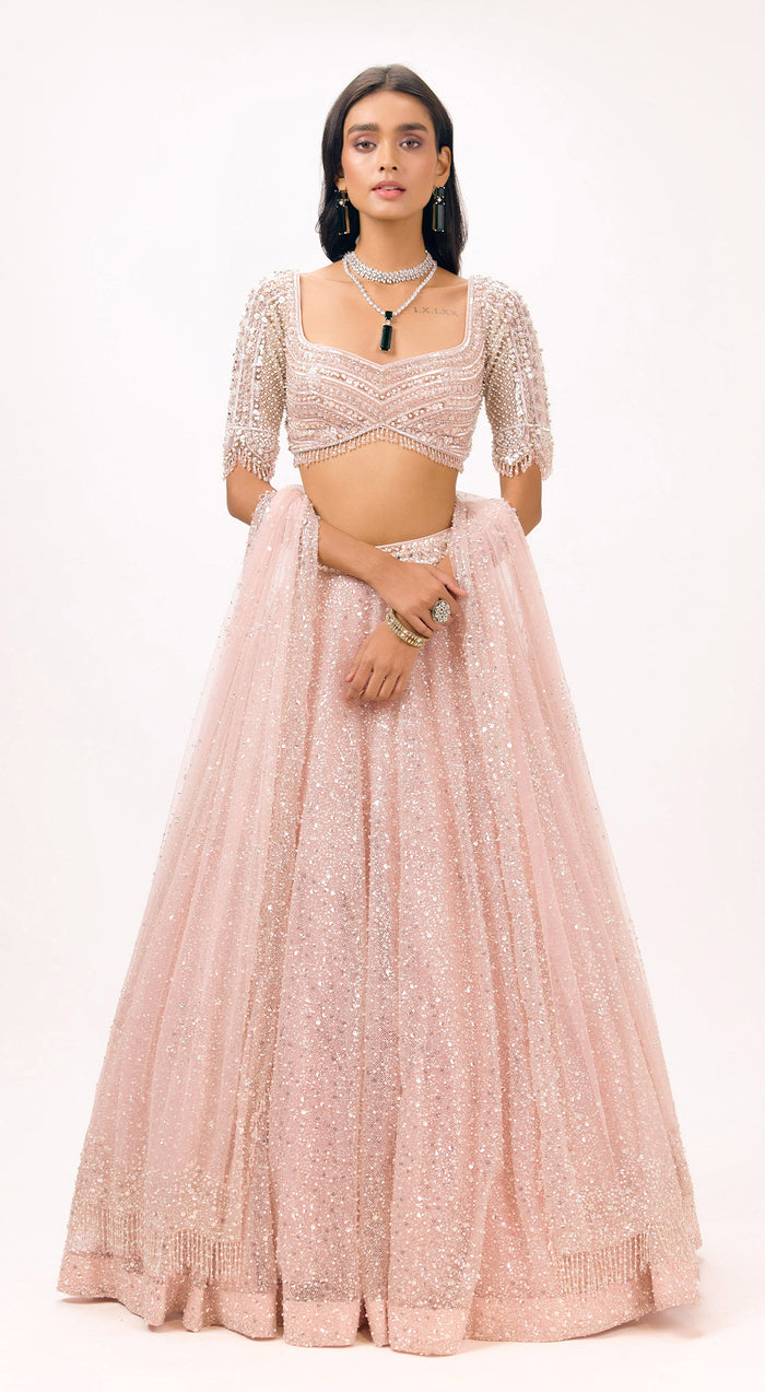 Pink Sequins Net Embroidered Lehenga Set