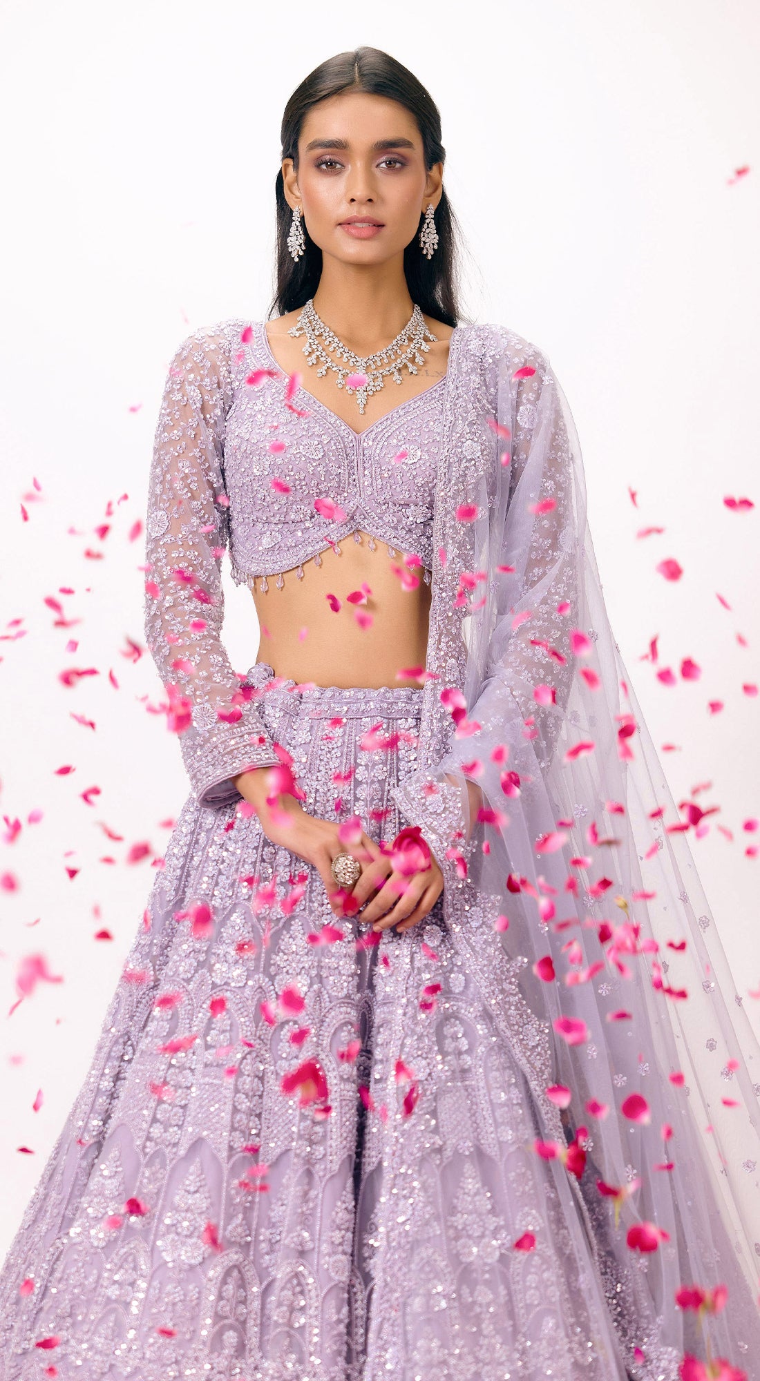 Lilac Net Embroidered Lehenga Set