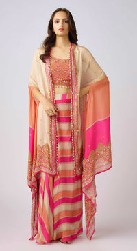 Pink Chinon Embroidered Cape Set