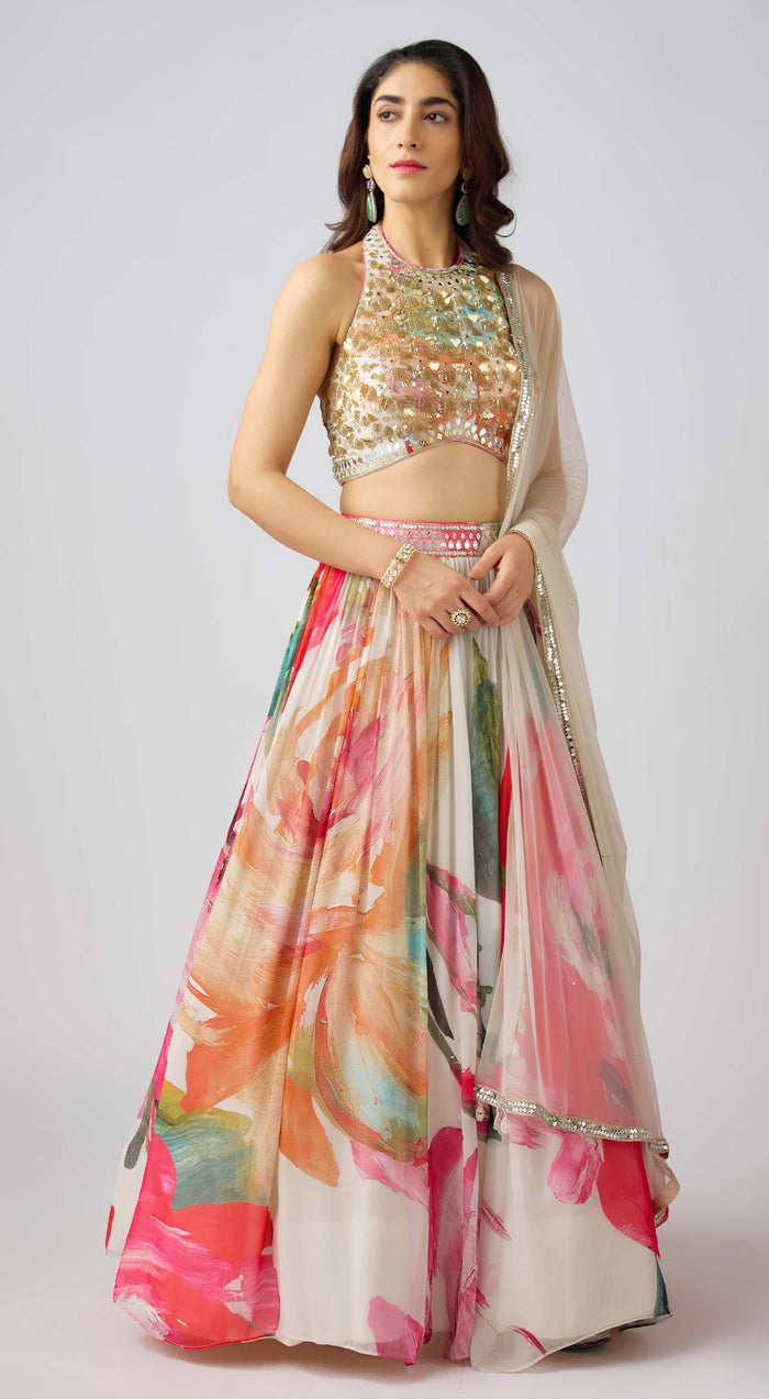 Multi Georgette Embroidered Floral Lehenga Set