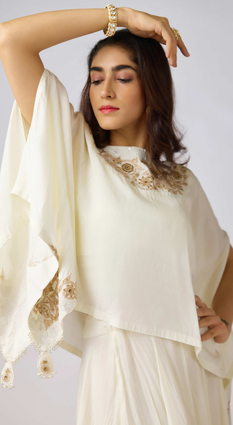 Off White Silk Embroidered Cape Set