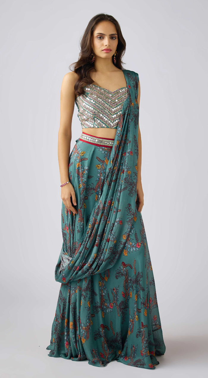 Sage Green Chinon Embroidered Pre- Draped Saree