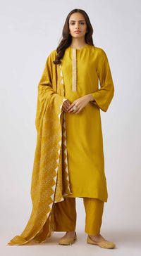 Mustard Muslin Embroidered Suit Set