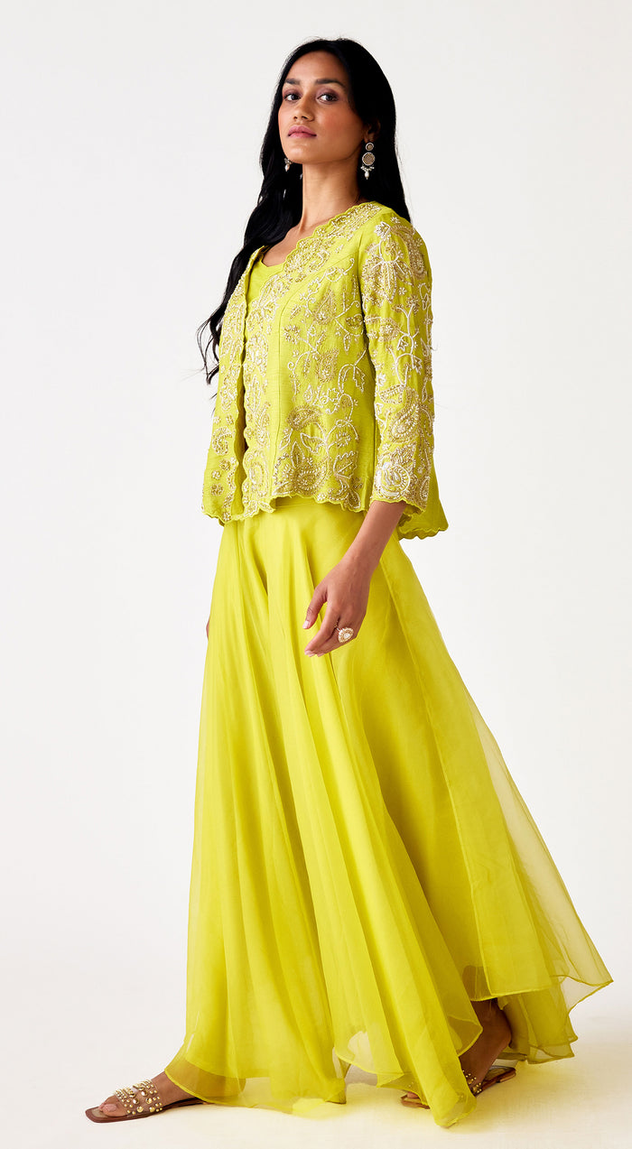 Lime Organza Embroidered Sharara Set