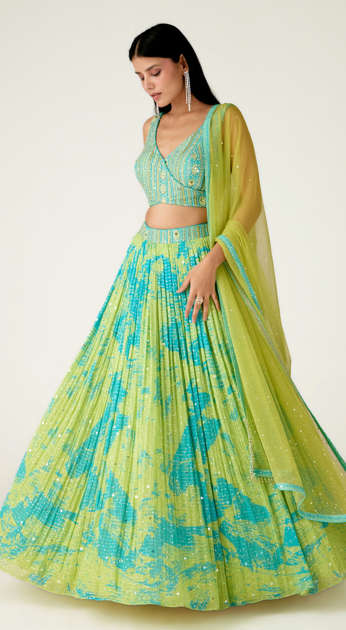 Firozi Georgette Embroidered Lehenga Set