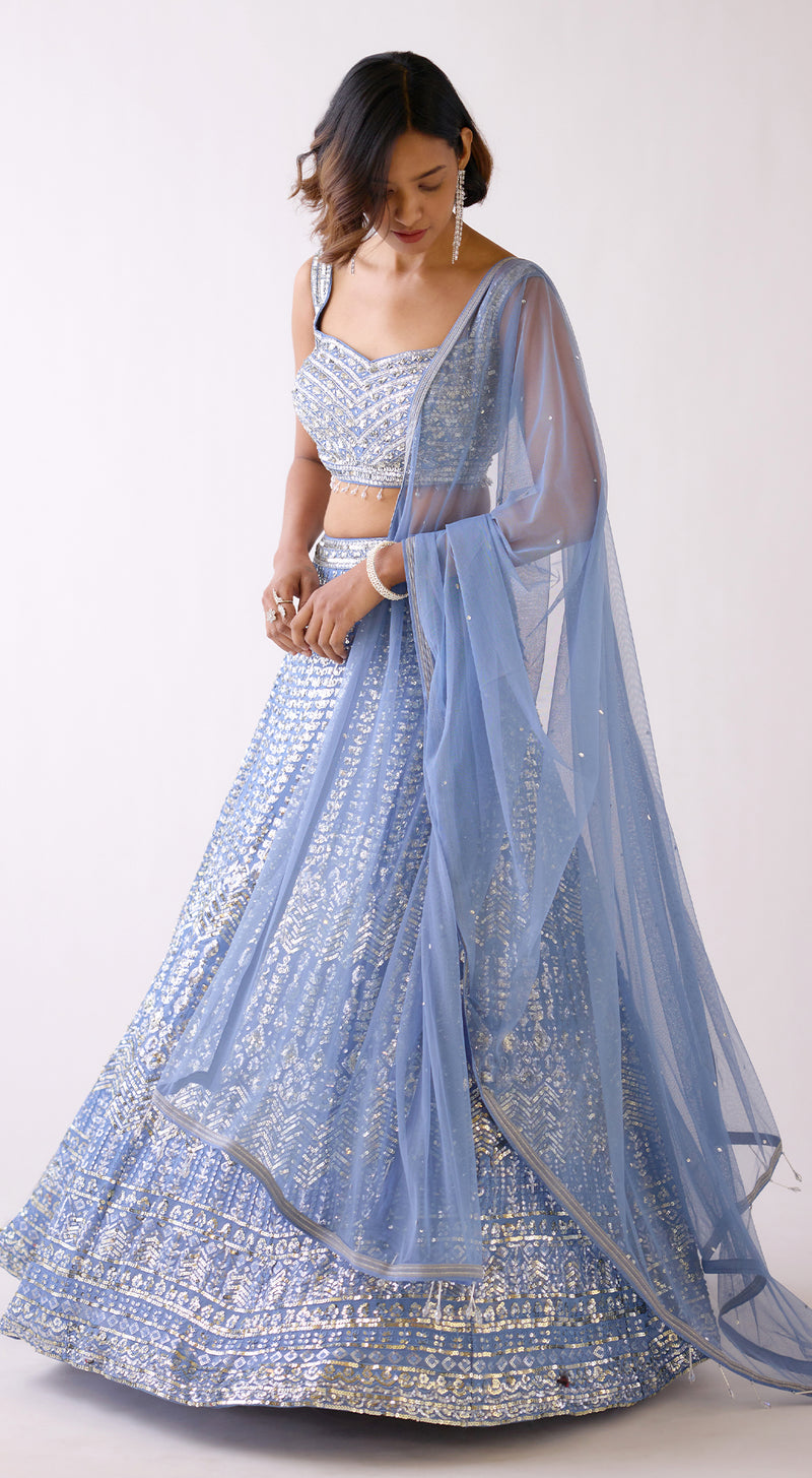 Denim Blue Sequins Embroidered Lehenga Set