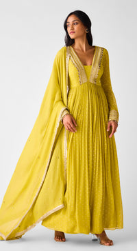 Yellow Banarasi Chinon Anarkali Set