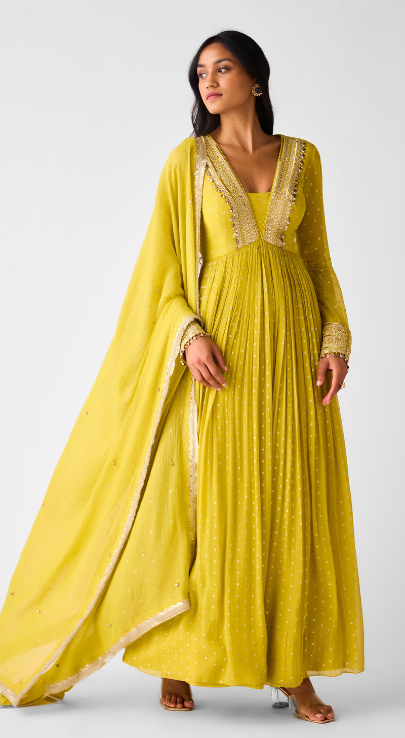 Yellow Banarasi Chinon Anarkali Set