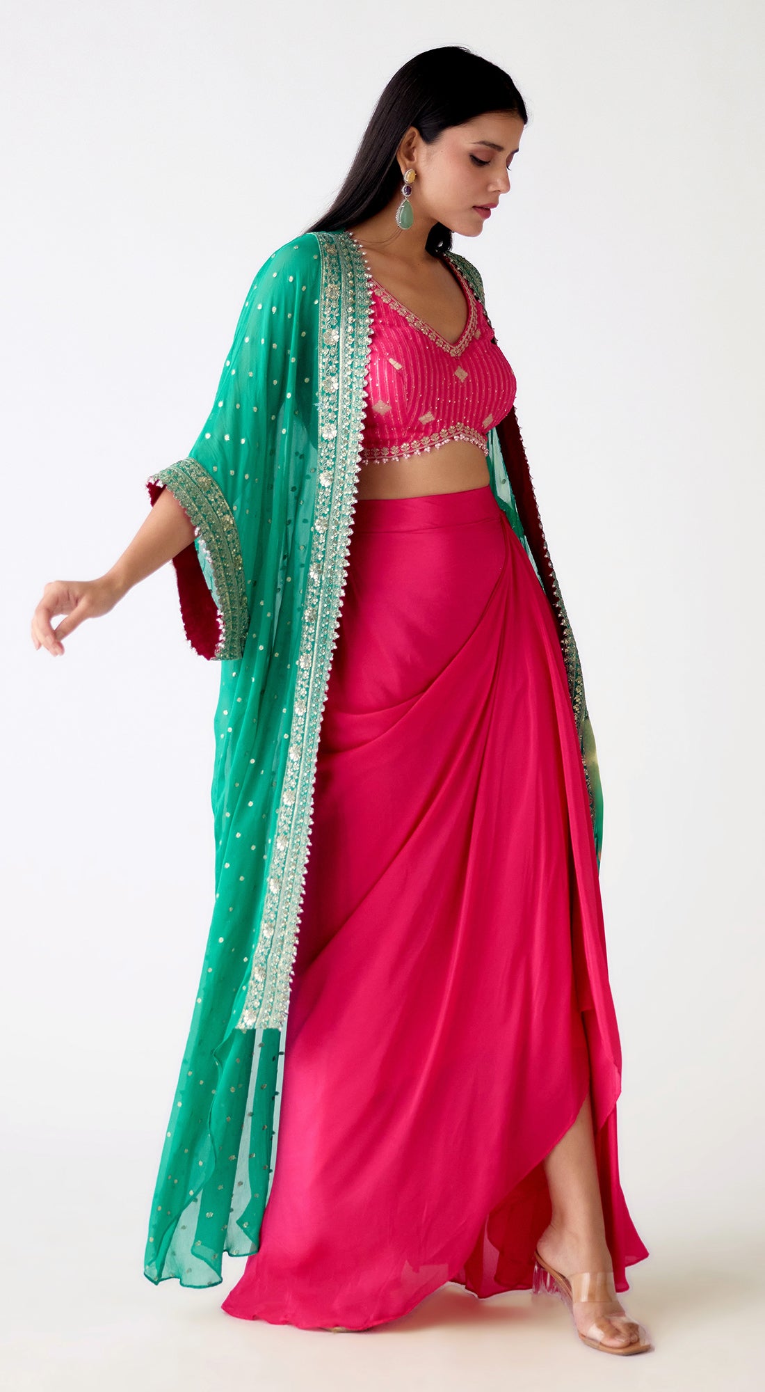 Green Georgette Embroidered Cape Set