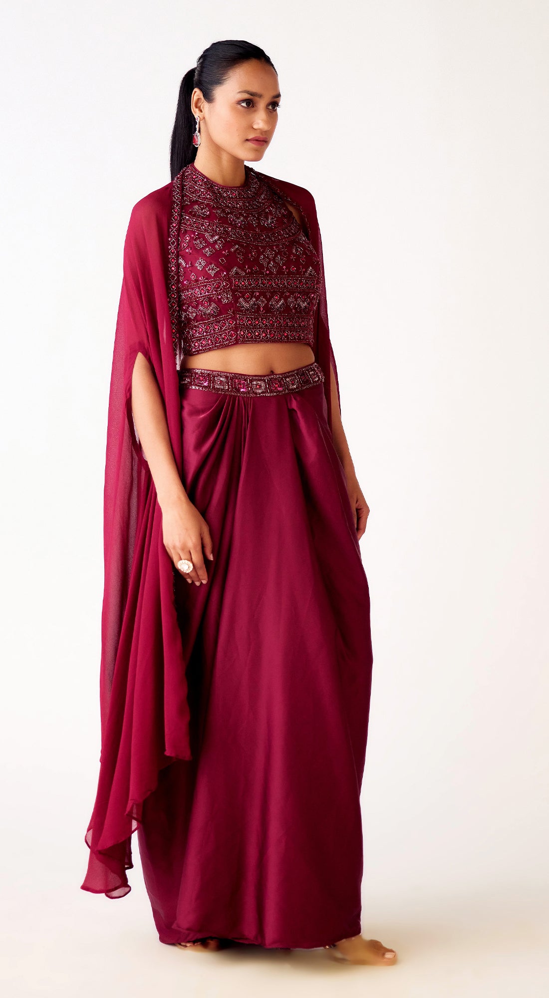 Red Satin Embroidered Cape Set