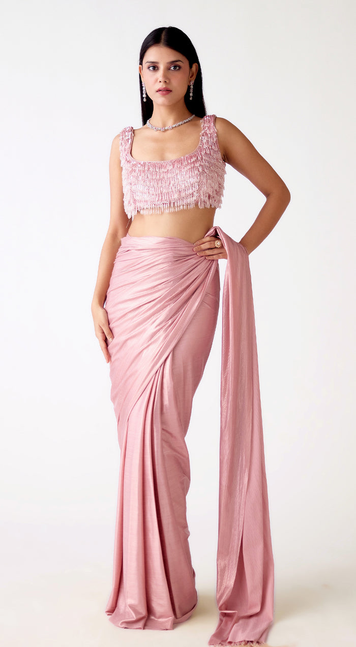 Pink Shimmer Lycra Crystal Tassels Saree