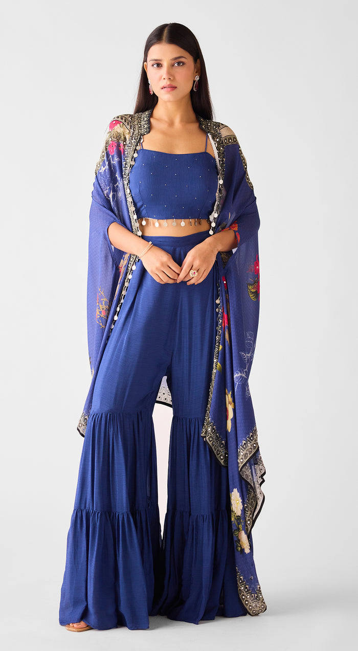 Blue Chinon Cape & Sharara Set