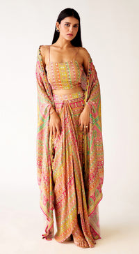 Multi Satin Embroidered Cape Set