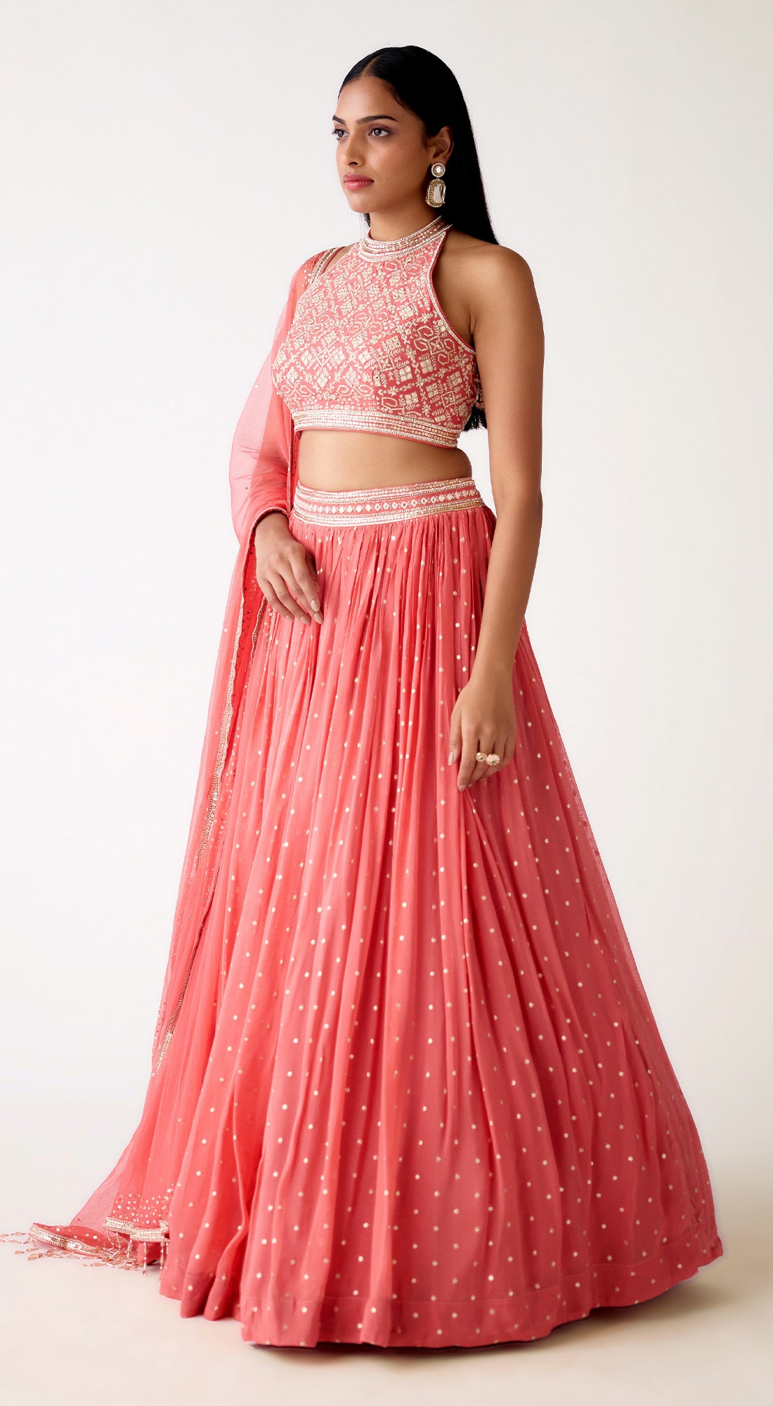 Peach Organza Embroidered Lehenga Set