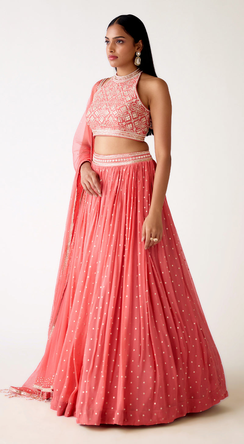 Peach Organza Embroidered Lehenga Set