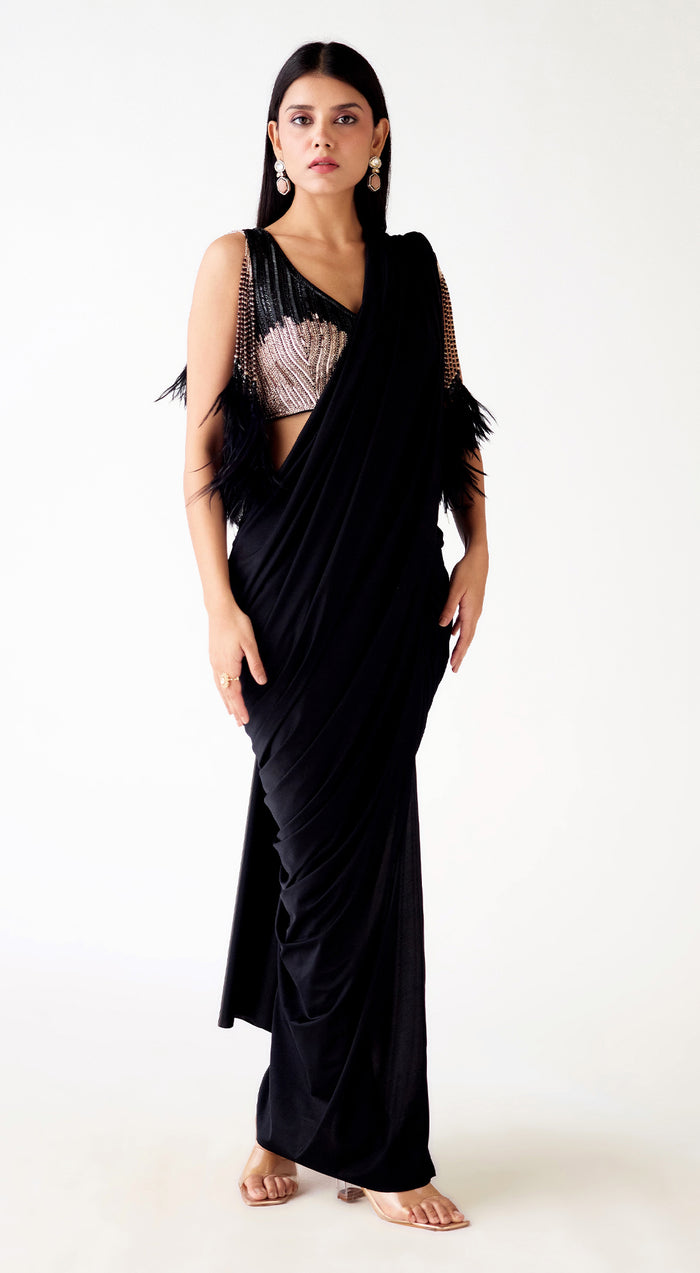 Black Satin Lycra Embroidered Slit Saree