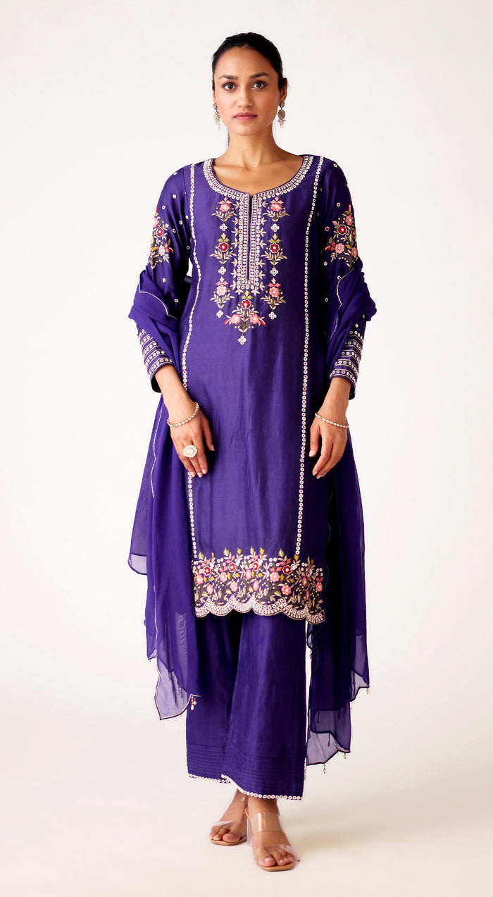 Purple Chanderi Embroidered Suit Set