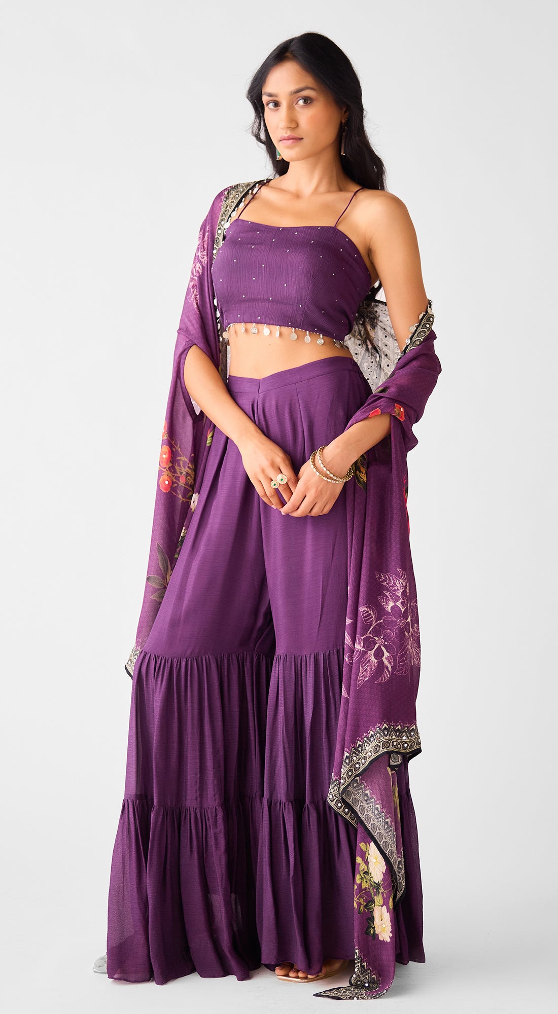 Purple Chinon Cape & Sharara Set