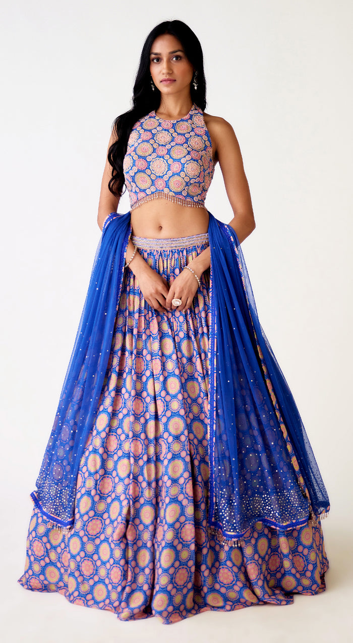 Blue Crepe Embroidered Lehenga Set