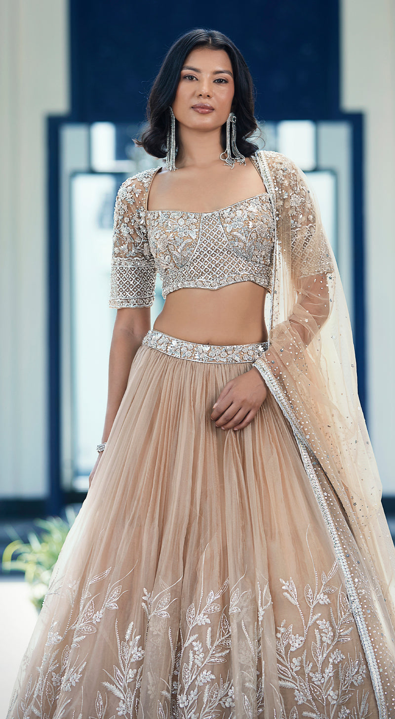 Beige Sequins Net Embroidered Lehenga Set