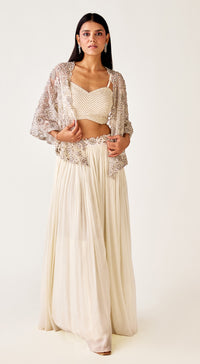 Ivory Silk Embroidered Sharara Set with Jacket