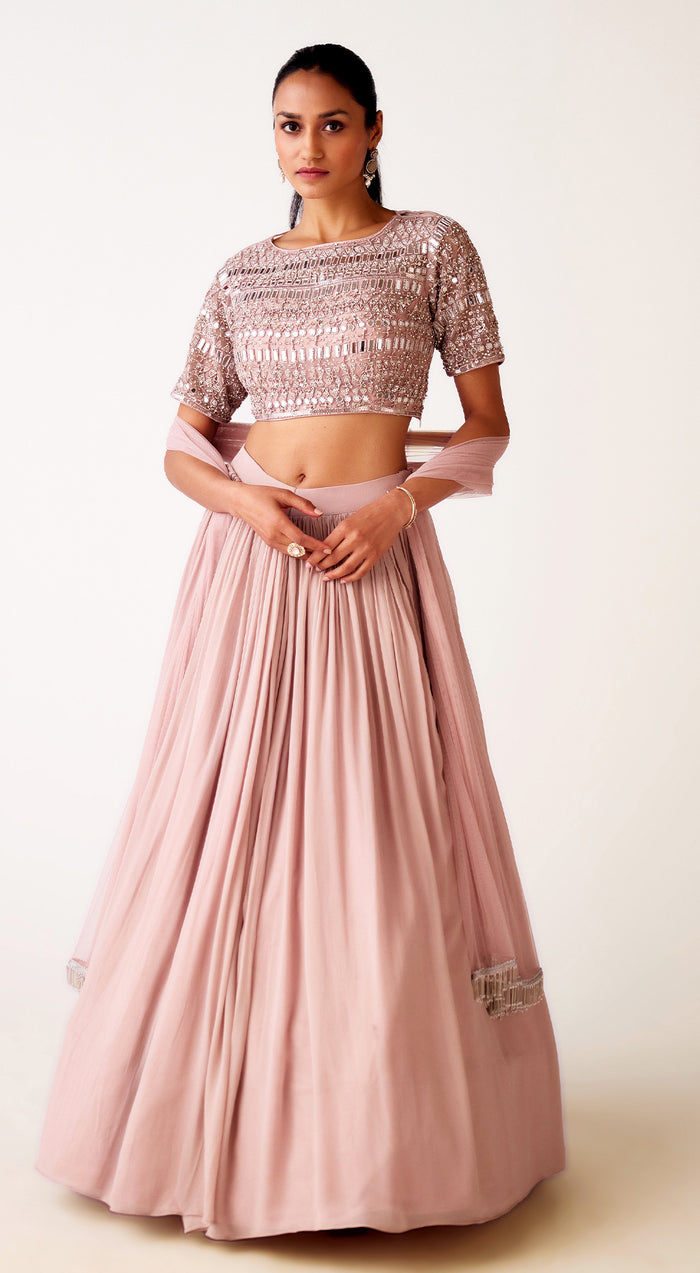 Pink Chinon Embroidered Lehenga Set