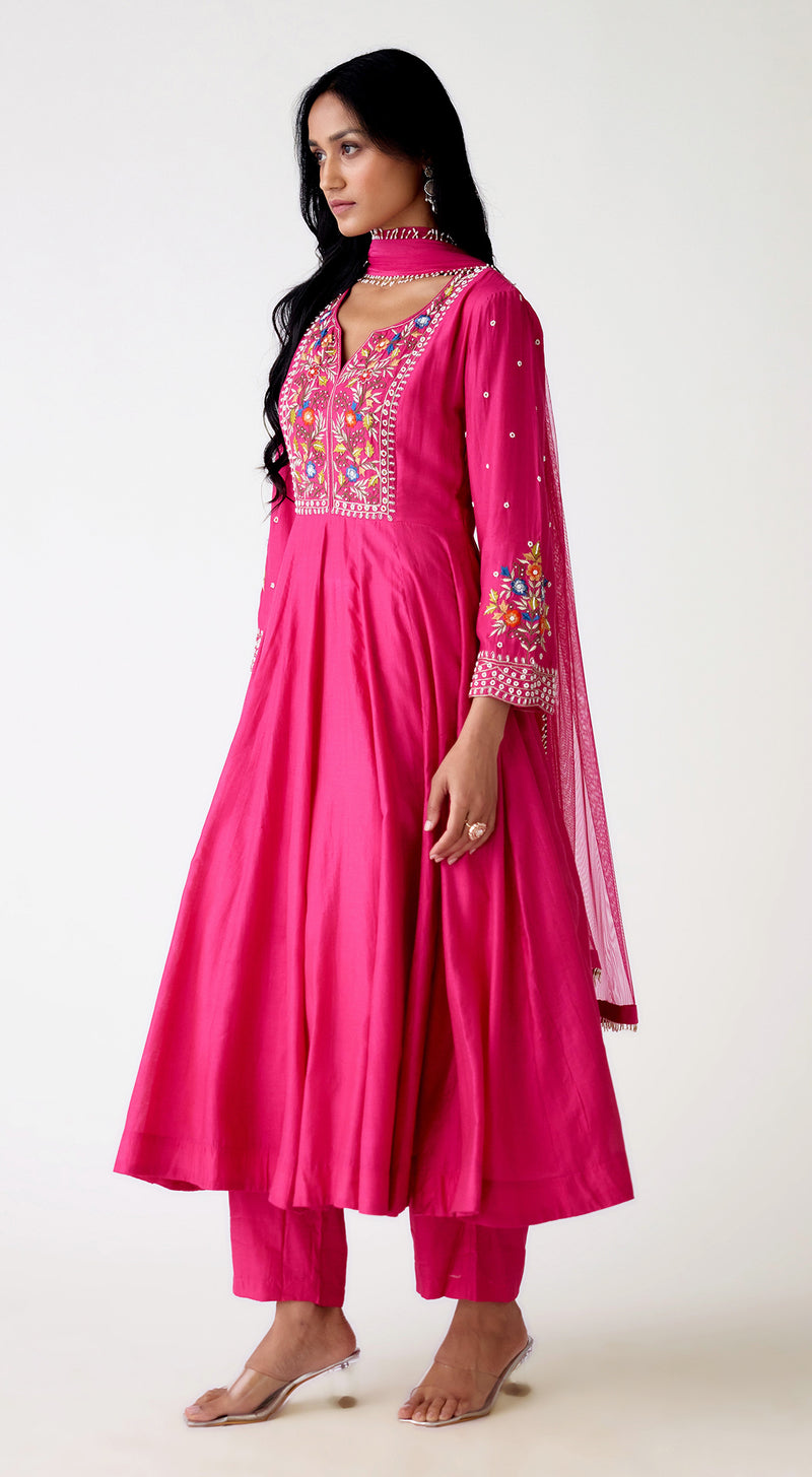 Rani Pink Chanderi Embroidered Anarkali Set