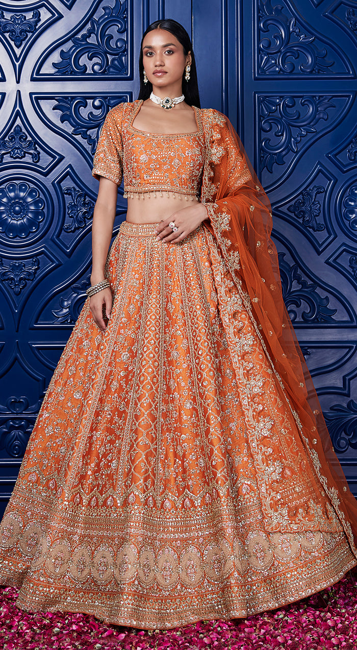 Orange SIlk Embroidered Lehenga Set