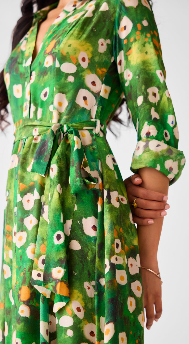 Green Muslin Floral Long Dress