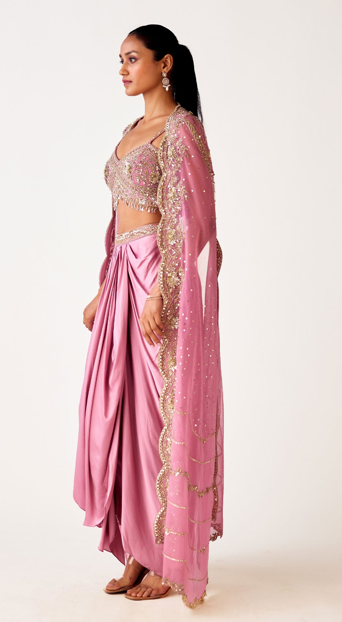 Mauve Embroidered Cape Set With Draped Skirt