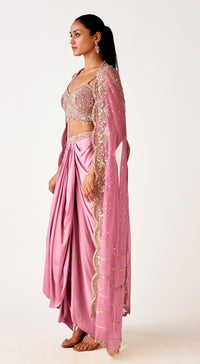 Mauve Embroidered Cape Set With Draped Skirt