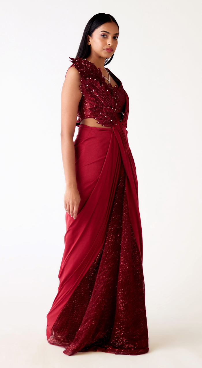 Wine Lycra Embroidered Saree