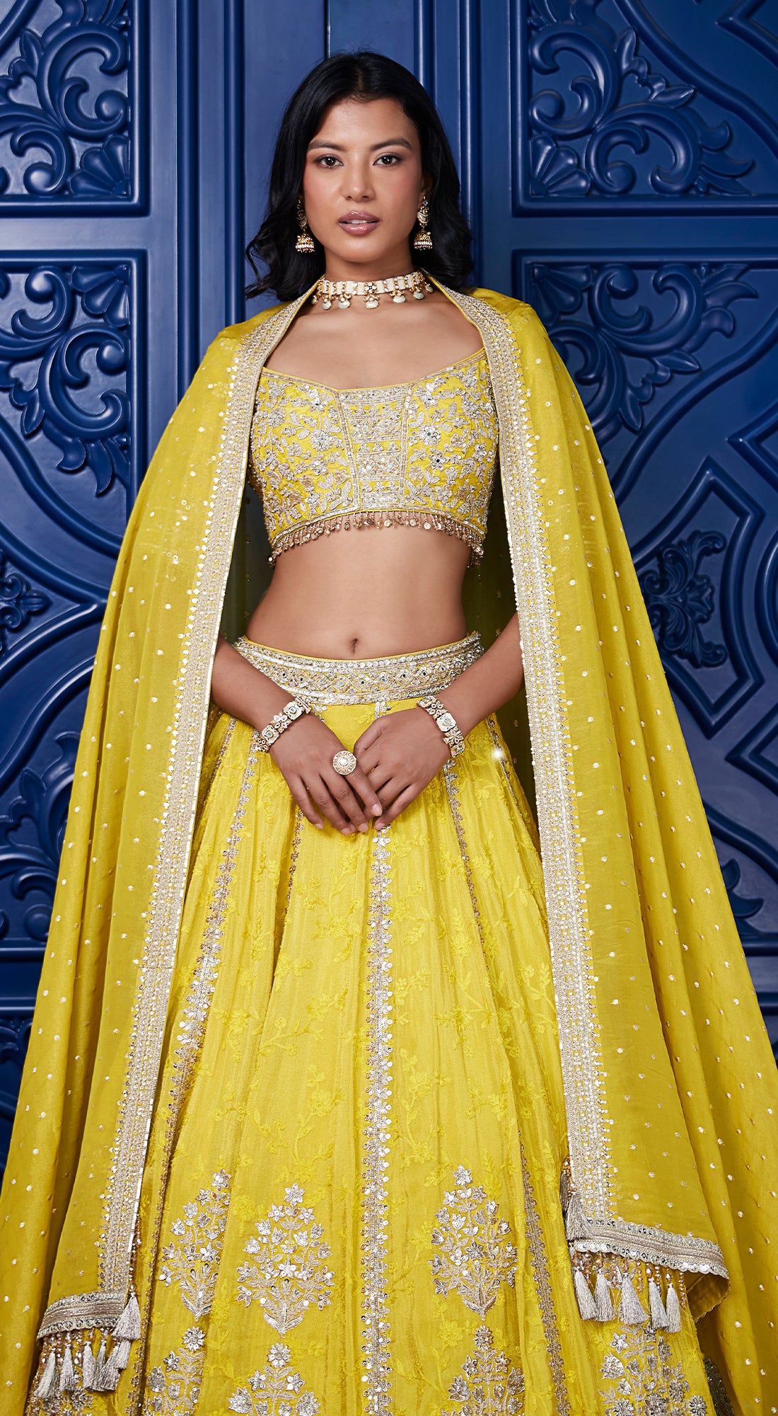 Yellow Tissue Silk Embroidered Lehenga Set