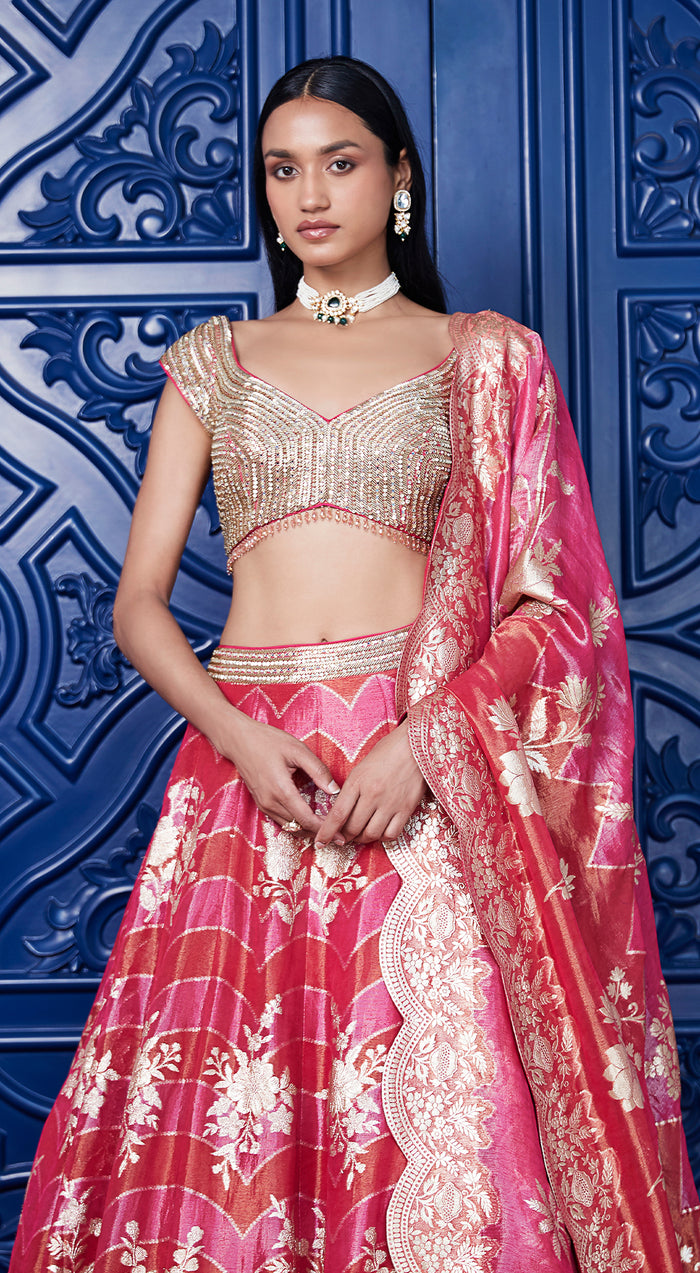 Pink Banarasi Weave Embroidered Lehenga Set