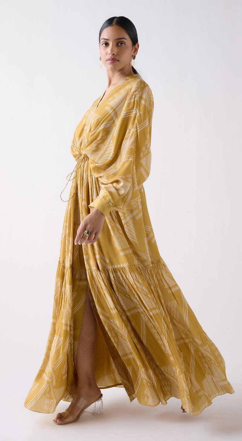 Mustard Muslin Abstract Print Dress