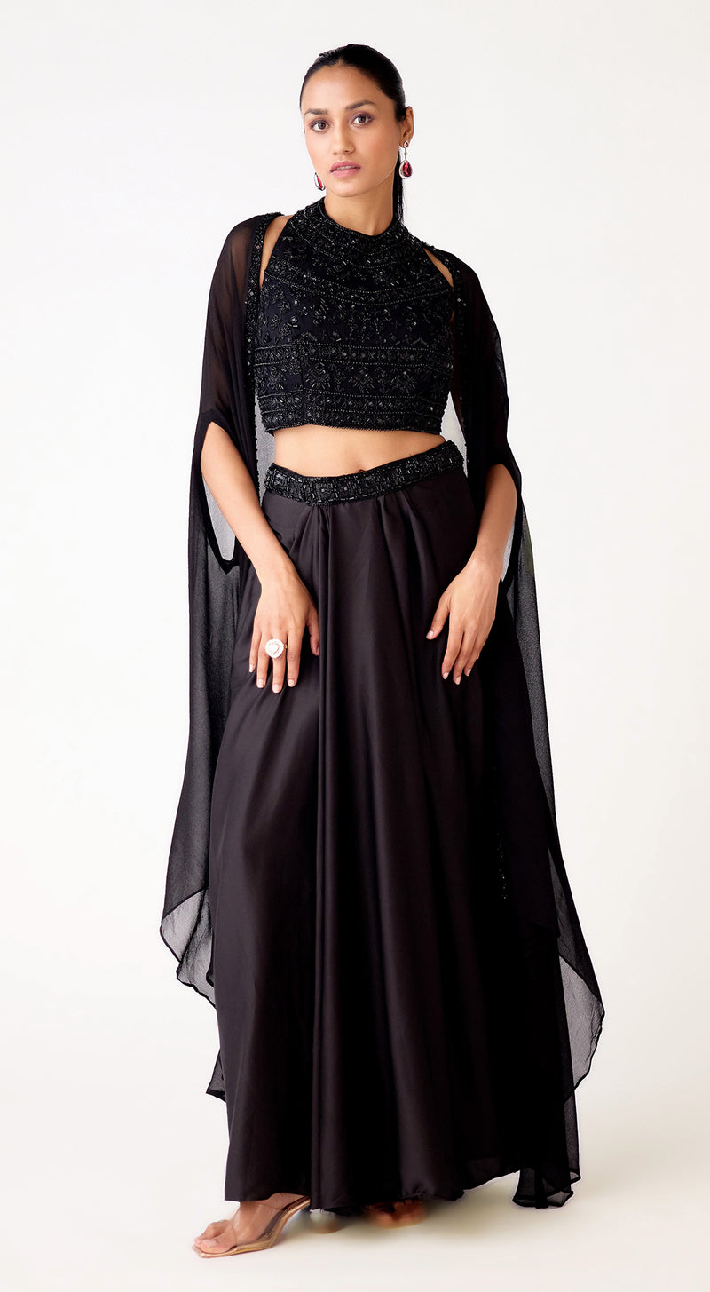 Black Satin Embroidered Cape Set