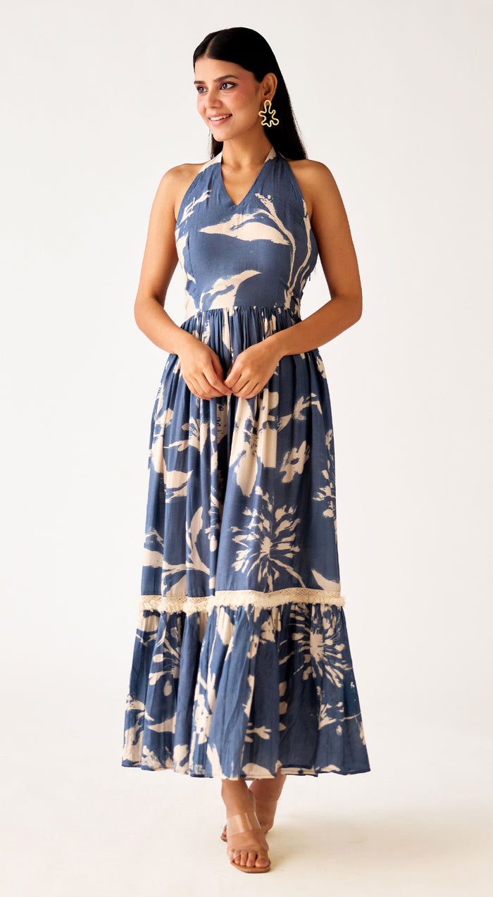 Blue Muslin Floral Long Dress