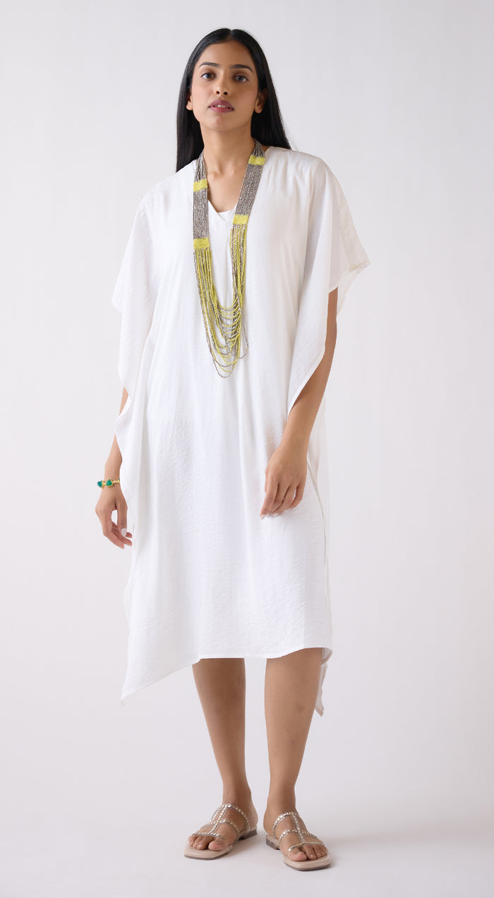 Ivory Crushed Satin Blend Kaftan Dress With Mala & Spaghetti