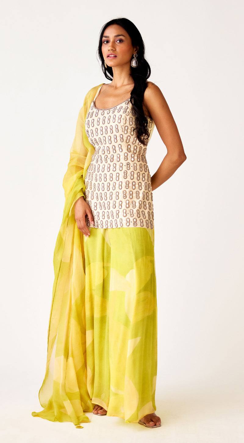 Yellow Organza Embroidered Suit Set