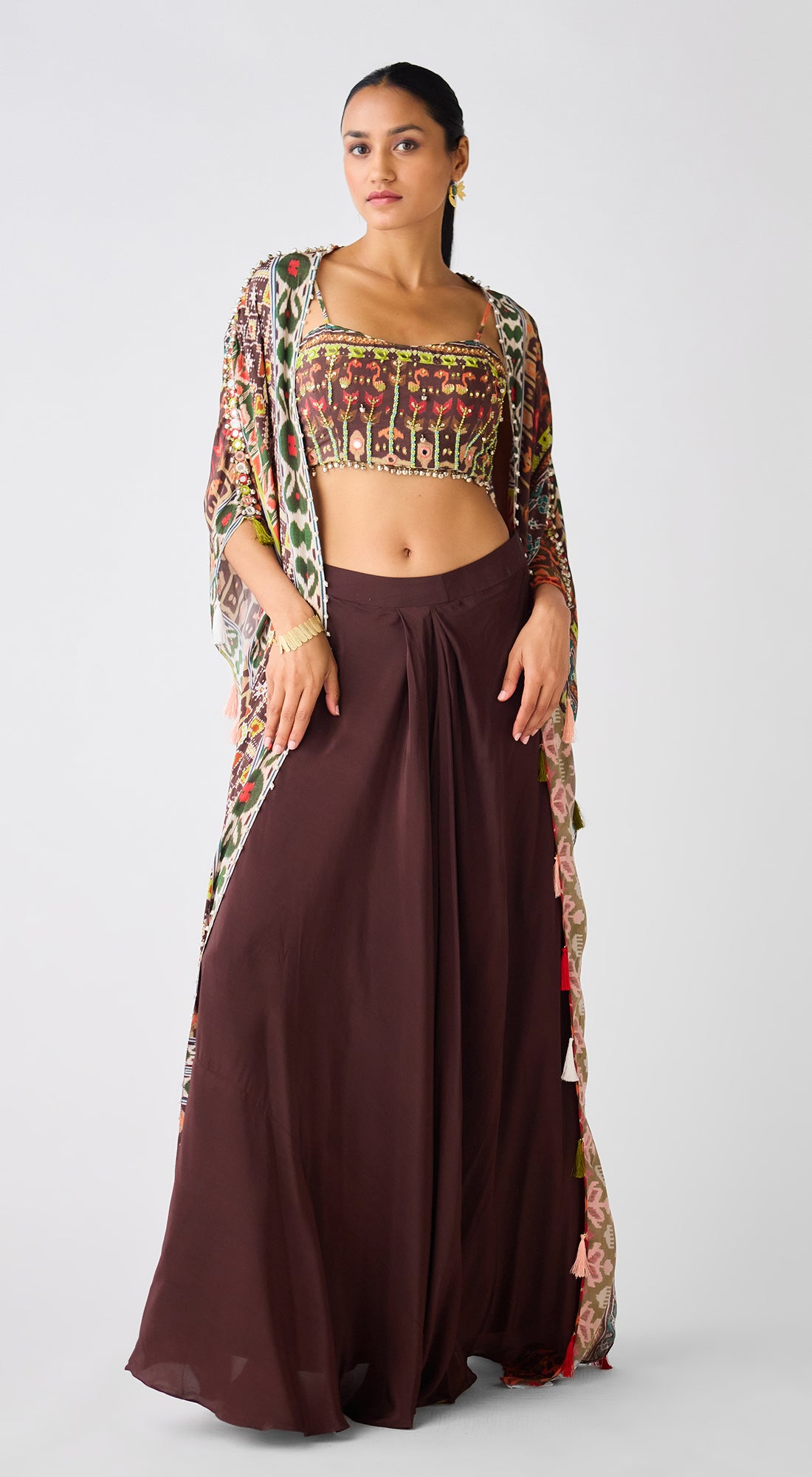 Brown Printed Skirt & Cape Set