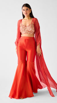 Red Embroidered Tissue Cape Set