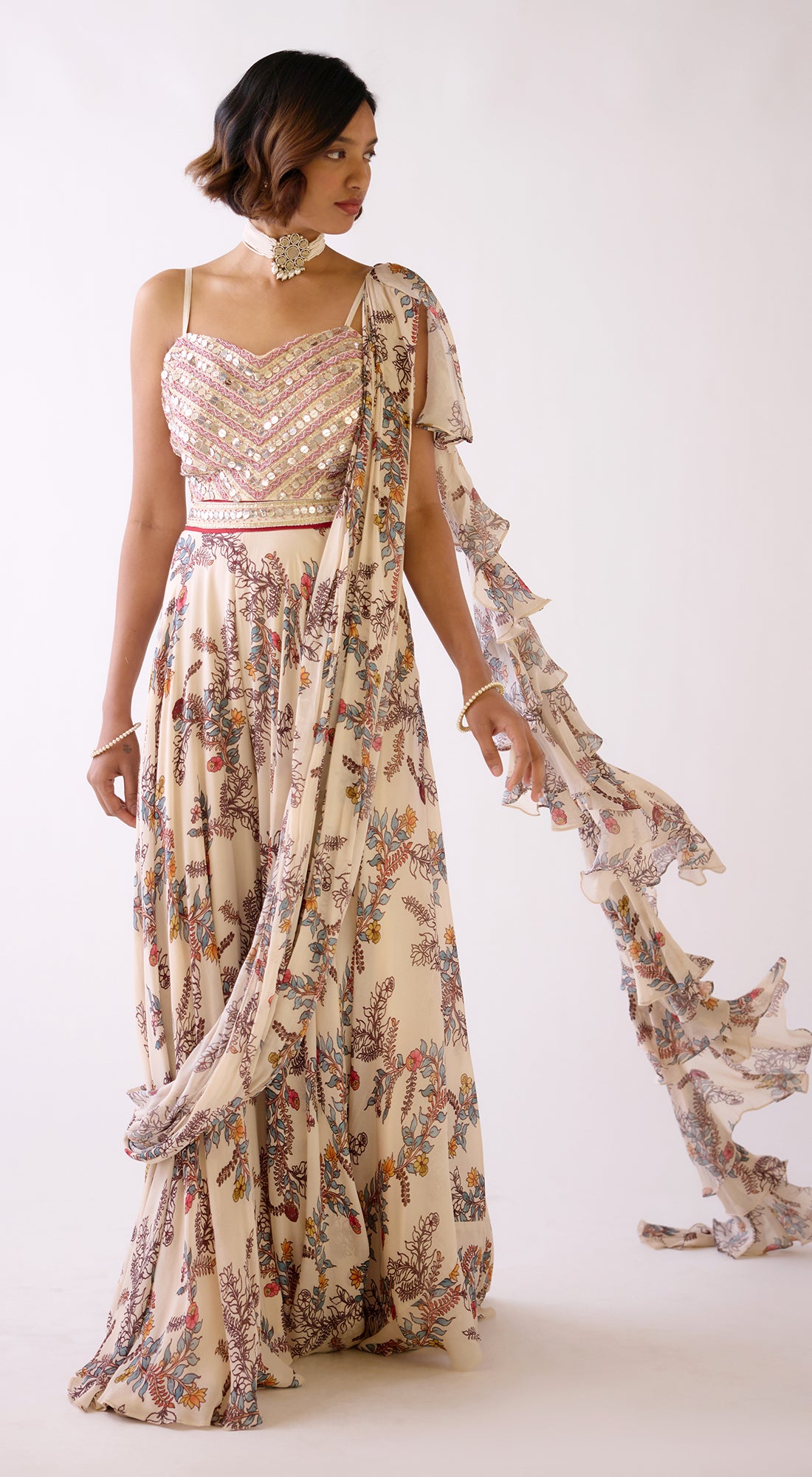 Off-White Floral Draped Saree