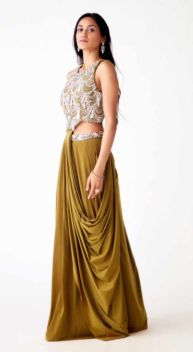 Olive Satin Lycra Embroidered Draped Saree