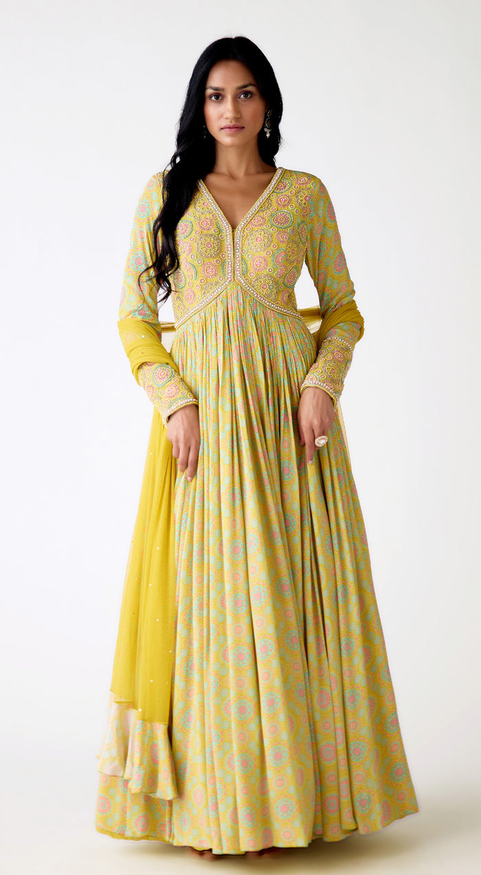 Yellow Crepe Embroidered Anarkali